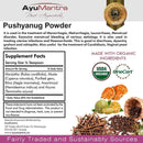 Label for AyuMantra Pushyanug Powder with supplement facts and organic certification logos.