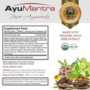 AyuMantra Pure Ayurveda supplement label with ingredients and certification logos.