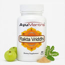 AyuMantra Rakta Vriddhi dietary supplement bottle with ingredients on a white background