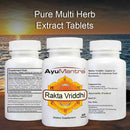 AyuMantra Raka Vriddhi dietary supplement bottles with a sunset over water background
