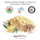 Organic herbal powder with certification logos and AyuMantra branding on a white background
