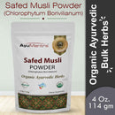 Package of AyuMantra Safed Musli Powder with branding and product details on a light background