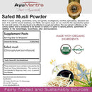 Label for AyuMantra Safed Musli Powder with supplement facts and organic certification logos.