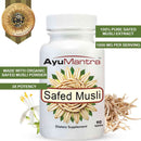 AyuMantra Safed Musli dietary supplement bottle with product details on a white background