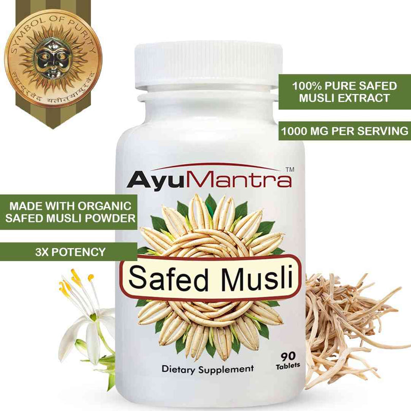 AyuMantra Safed Musli dietary supplement bottle with product details on a white background