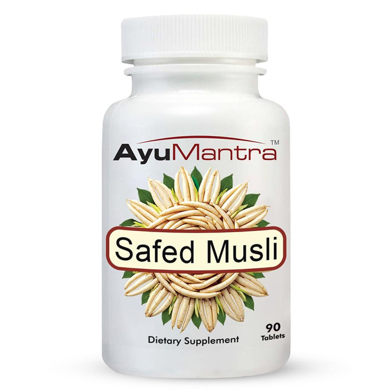 AyuMantra Safed Musli dietary supplement bottle on a white background