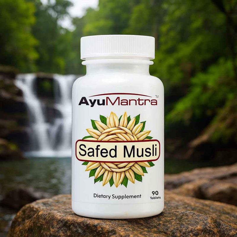 AyuMantra Safed Musli supplement bottle with a natural background