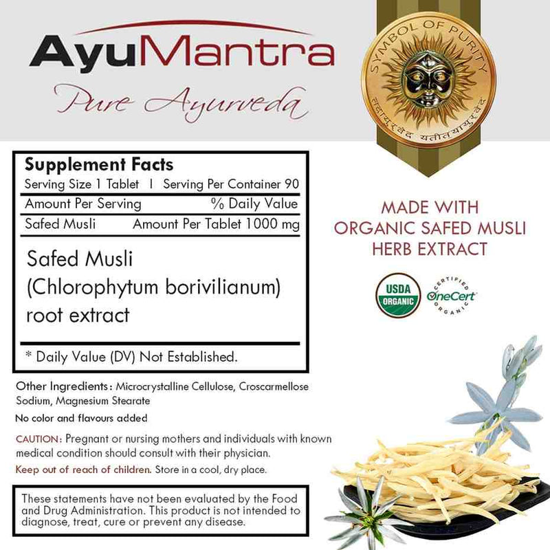 AyuMantra Pure Ayurveda supplement label with ingredients and certification logos.