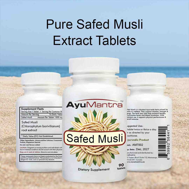 AyuMantra Safed Musli dietary supplement bottles on a sandy background with text about Pure Safed Musli Extract Tablets.