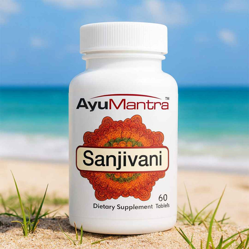 AyuMantra Sanjivani dietary supplement bottle on a beach with ocean in the background