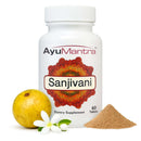 AyuMantra Sanjivani dietary supplement bottle with ingredients on a white background