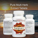 AyuMantra Sanjivani dietary supplement bottles with a scenic background