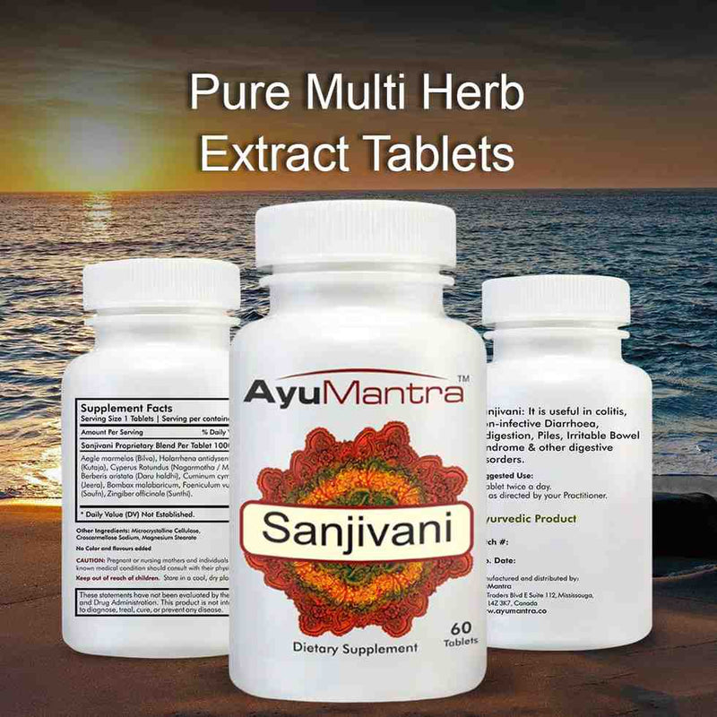 AyuMantra Sanjivani dietary supplement bottles with a scenic background