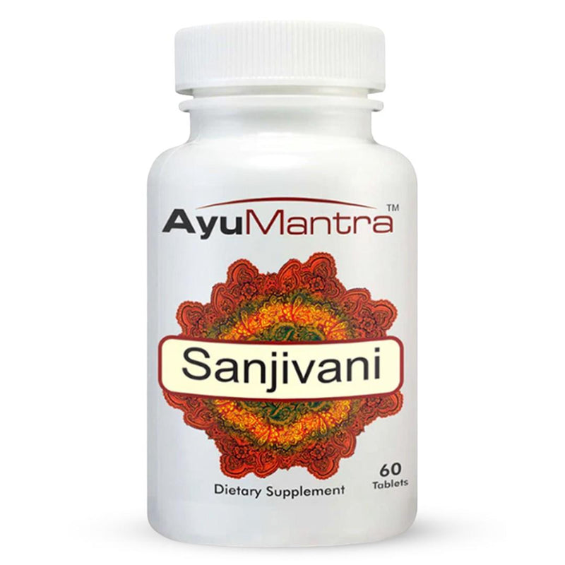 AyuMantra Sanjivani dietary supplement bottle on a white background