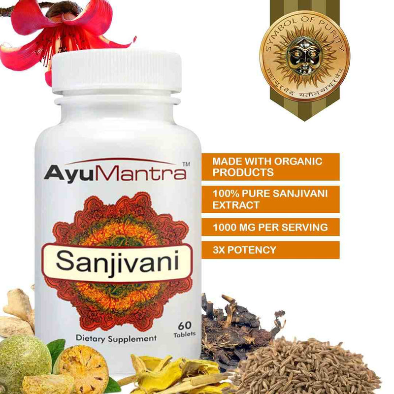 Ayurvedic supplement bottle labeled 'Sanjivani' by AyuMantra with organic product claims on a white background.