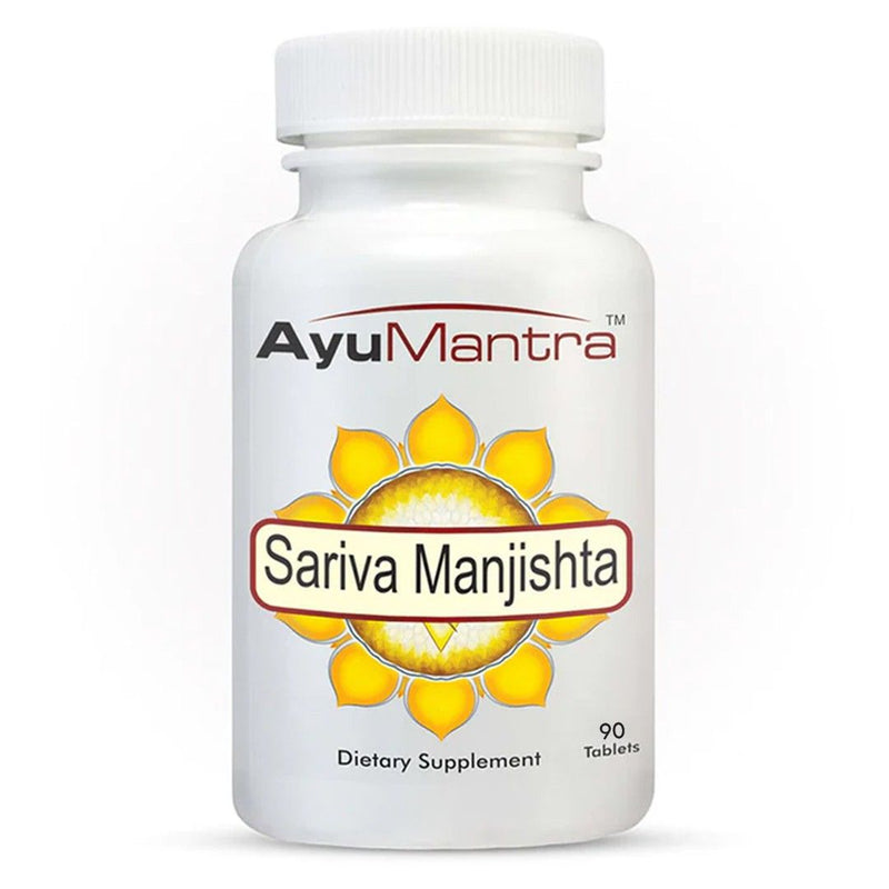 AyuMantra Sariva Manjishta dietary supplement bottle on a white background