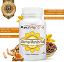 AyuMantra Sariva Manjishta dietary supplement bottle with ingredients and branding details.