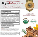 AyuMantra Pure Ayurveda supplement label with ingredients and certification logos.