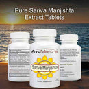 Three bottles of AyuMantra Sariva Manjishta Extract Tablets with a sunset over water background.