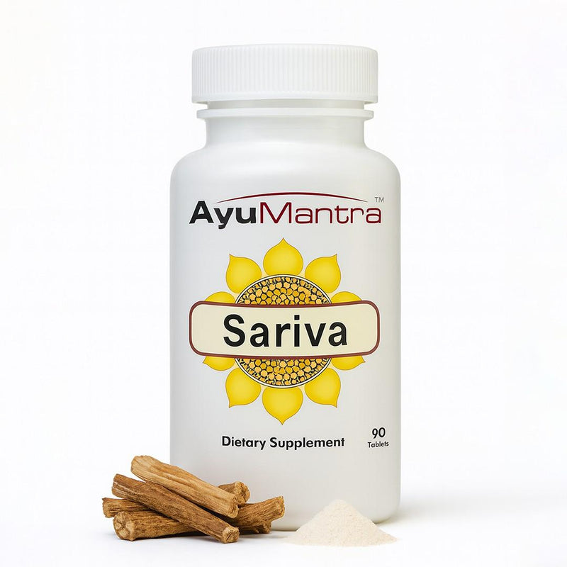 AyuMantra Sariva dietary supplement bottle with cinnamon sticks and a powder on a white background