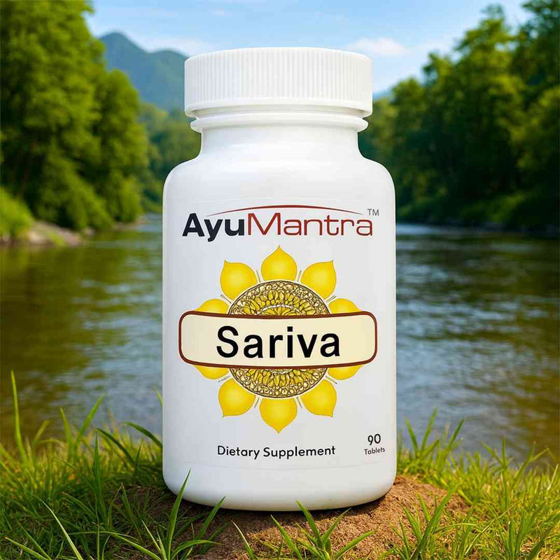 AyuMantra Sariva dietary supplement bottle with a natural background of trees and water.