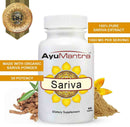 AyuMantra Sariva dietary supplement bottle with product details on a white background