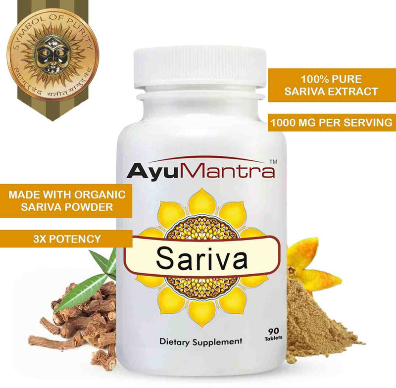 AyuMantra Sariva dietary supplement bottle with product details on a white background