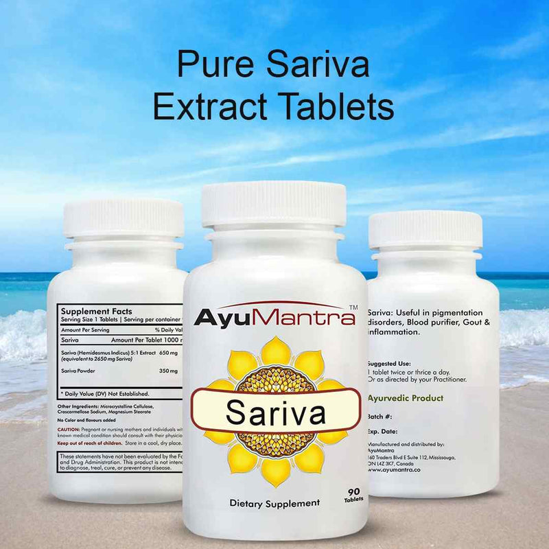 AyuMantra Sariva dietary supplement bottles on a beach with ocean view