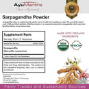 Label for AyuMantra Sarpagandha Powder with supplement facts and organic certification logos.