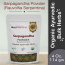 Sarpagandha Powder package by AyuMantra on a light gray background