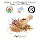 Organic herbal powder with a wooden scoop and certification logos on a white background