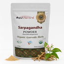 AyuMantra Sarpagandha Powder packaging with herbs on a white background