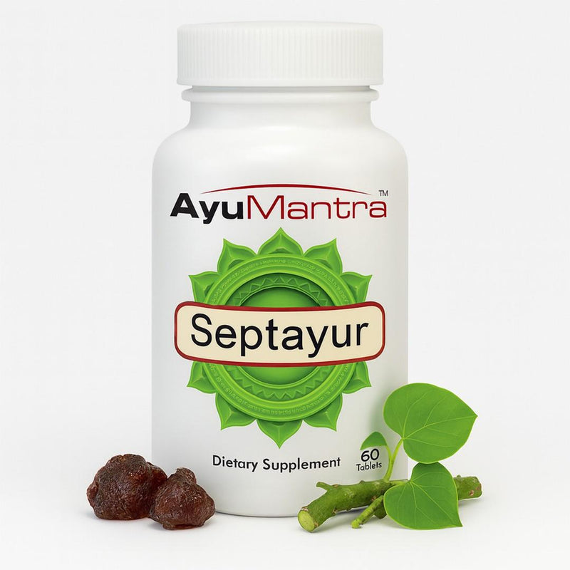 AyuMantra Septayur dietary supplement bottle with leaves and berries on a white background