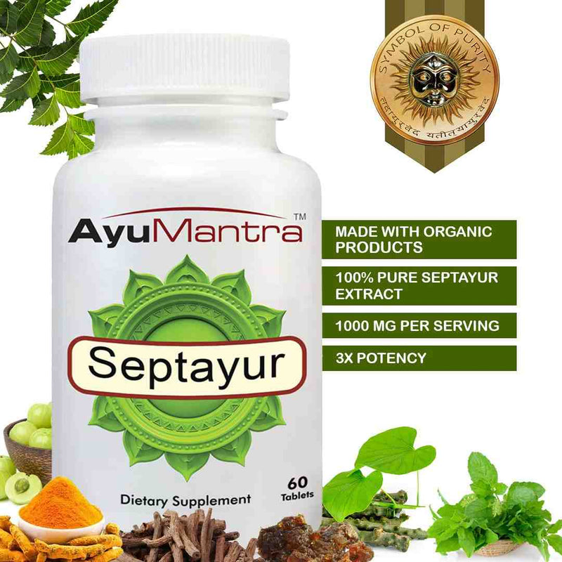 AyuMantra Septayur dietary supplement bottle with organic product label and natural elements.