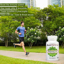 Person running with AyuMantra Septayur supplement bottle in a park setting