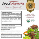 AyuMantra Pure Ayurveda supplement label with ingredients and certification logos.