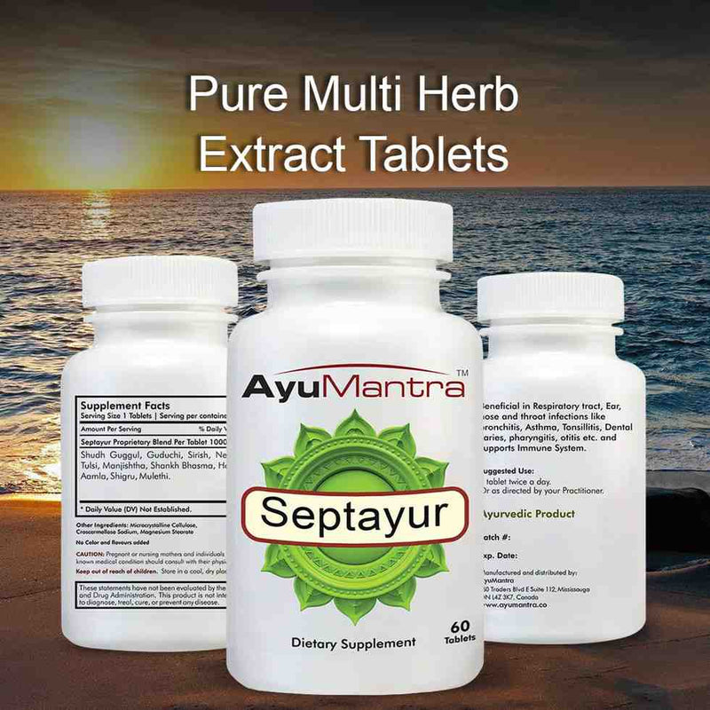 AyuMantra Septayur dietary supplement bottles with a scenic ocean background