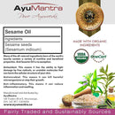 AyuMantra Sesame Oil packaging with ingredients list, organic certification logos, and product images.