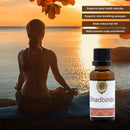 Woman meditating by the ocean at sunset with a bottle of Shadbindu oil.