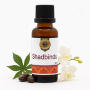 Bottle of Shadbindu oil with cannabis leaf and flowers on a white background