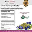 Label for AyuMantra Shankhpushpi Powder with supplement facts and product details.