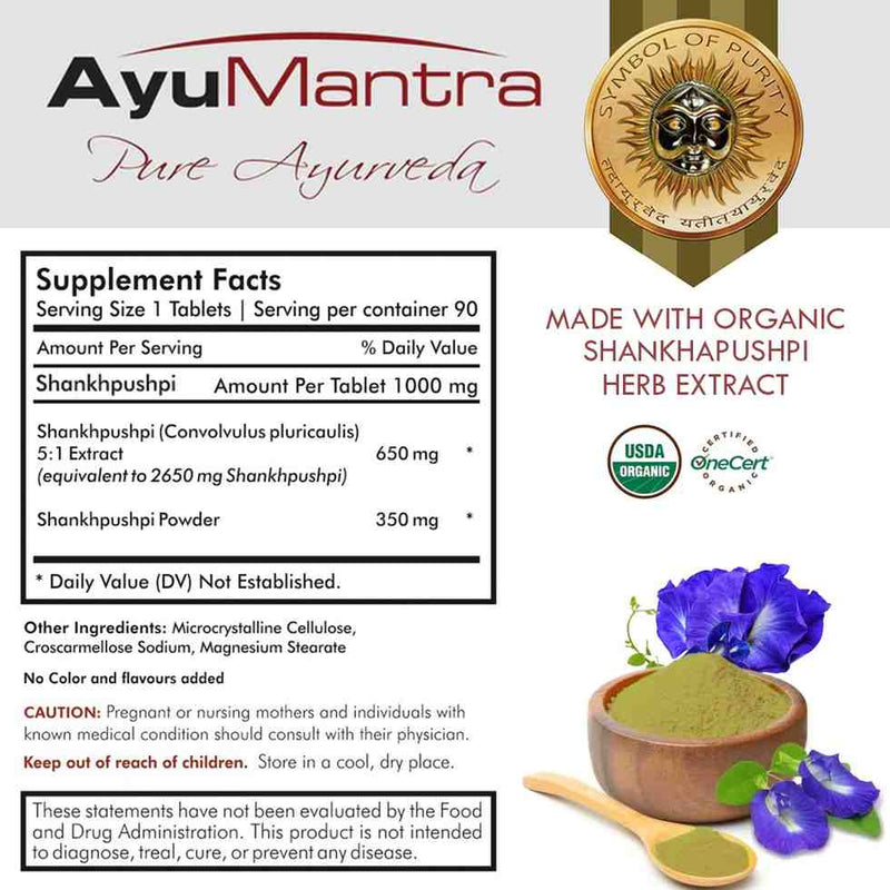 AyuMantra Pure Ayurveda supplement label with ingredients and benefits.