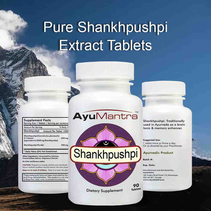 AyuMantra Shankhpushpi dietary supplement bottles with mountainous background