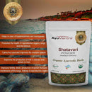 AyuMantra Shatavari Powder packaging with scenic background
