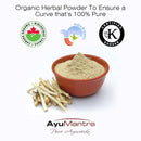 Bowl of organic herbal powder with AyuMantra branding on a white background
