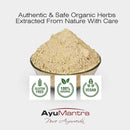 Beige powder in a glass bowl with AyuMantra branding and organic certification logos on a white background.