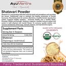 Label for AyuMantra Shatavari Powder with supplement facts and organic certification logos.
