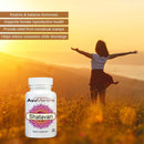 Ayurvedic supplement bottle with a person standing in a field at sunset, featuring product benefits.