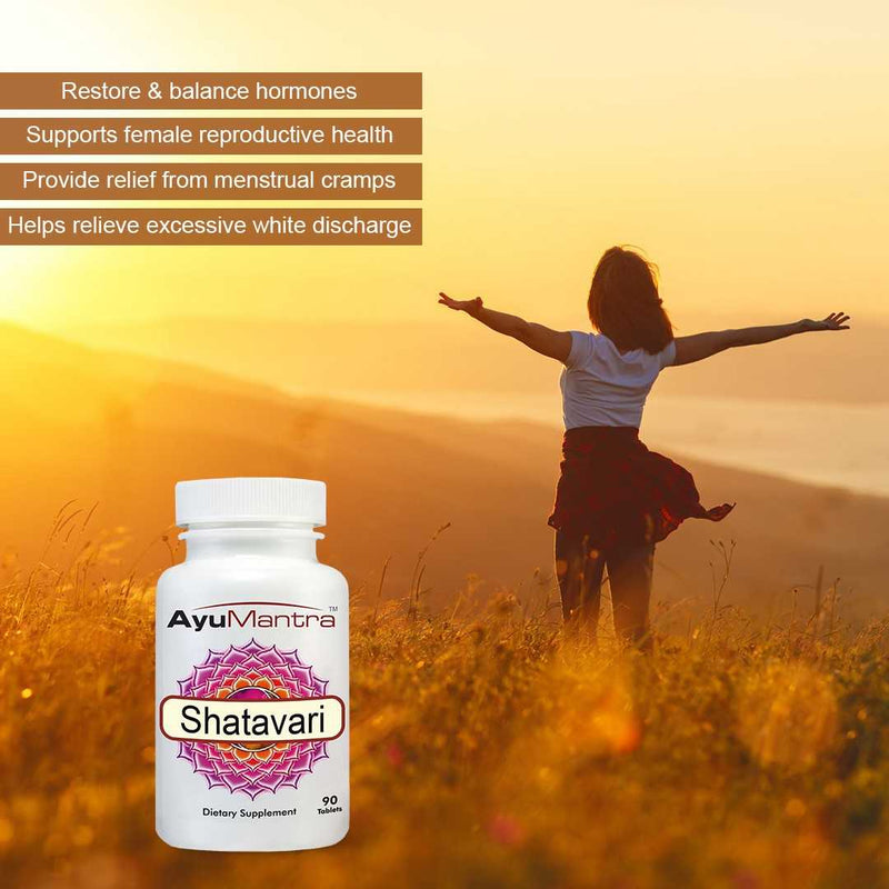 Ayurvedic supplement bottle with a person standing in a field at sunset, featuring product benefits.