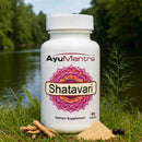 AyuMantra Shatavari dietary supplement bottle with natural elements in the background